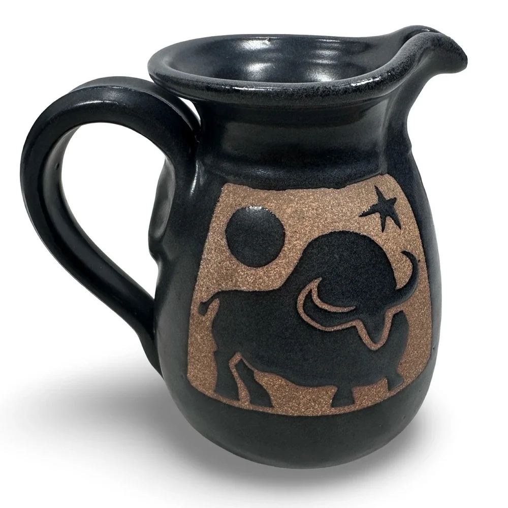 Miller Vrana EarthSea Pottery Buffalo Bison Pitcher Black Stoneware 2002 USA